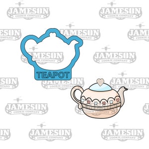 May include: A blue cookie cutter in the shape of a teapot with the word "TEAPOT" printed below it. A decorated teapot with a heart on the lid is shown to the right of the cutter.