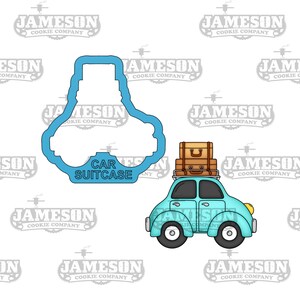 May include: A blue car cookie cutter with a car silhouette and the words "CAR SUITCASE" in black text. The image also shows a blue car with brown suitcases on top, with the words "JAMESON COOKIE COMPANY" repeated in the background.