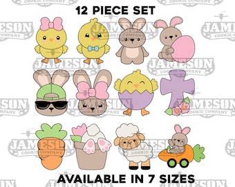 Easter Cookie Cutter Set - 12 Piece Set - Chick, Bunny, Bunny In Pot, Bunny Sunglasses, Carrot, Carrot Car, Lamb, Cross Flowers