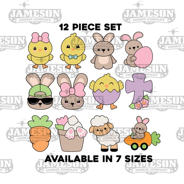 Easter Cookie Cutter Set - 12 Piece Set - Chick, Bunny, Bunny In Pot, Bunny Sunglasses, Carrot, Carrot Car, Lamb, Cross Flowers