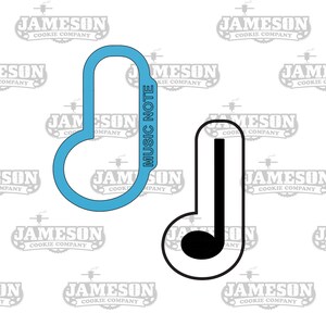 May include: A blue cookie cutter in the shape of a musical note with the words "Music Note" written on it. A black outline of the same shape with a black musical note inside.