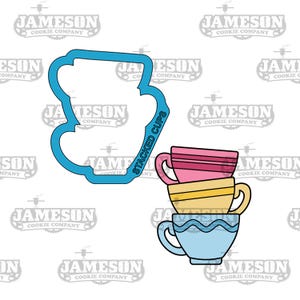 May include: A blue cookie cutter shaped like a stack of teacups. The teacups are stacked on top of each other and have different colours and patterns. The text "Stacked Cups" is written on the side of the cookie cutter.