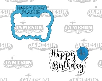 Happy Birthday Plaque with Balloon Cookie Cutter - Text Outline
