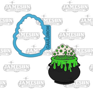 May include: A black cauldron cookie cutter with a green and white bubbling potion inside. The cutter is shaped like a cauldron with a handle and has a green and white bubbling potion inside. The cutter is made of metal and is designed to cut out cookies in the shape of a cauldron.