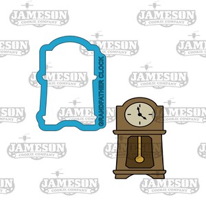 May include: A blue cookie cutter in the shape of a grandfather clock. The clock is brown with a white face and black hands. The clock has a pendulum and a decorative top.