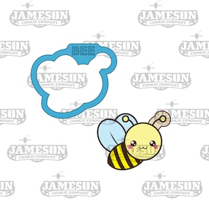 May include: A blue cookie cutter shaped like a bee with the word "BEE" written on it. A cartoon bee with yellow and black stripes, blue wings, and a cute face is also shown.