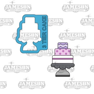 Puede incluir: Un cortador de galletas azul con forma de pastel de tres pisos. Un pastel de tres pisos decorado con glaseado rosa, morado y blanco y lunares se muestra junto al cortador.