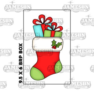 May include: A red and green Christmas stocking with a white cuff and a holly sprig. The stocking is filled with three wrapped presents, one blue, one green, and one red.