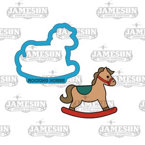 May include: A blue cookie cutter shaped like a rocking horse, with a brown rocking horse illustration next to it. The text "ROCKING HORSE" is printed below the cookie cutter.