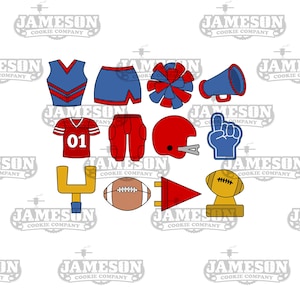 May include: A set of 12 cookie cutters in various shapes and colors, including a football, a jersey, a helmet, a cheerleader, a megaphone, a goal post, a flag, a trophy, and pants. The cookie cutters are all outlined in black and filled with various colors, including red, blue, yellow, and brown.