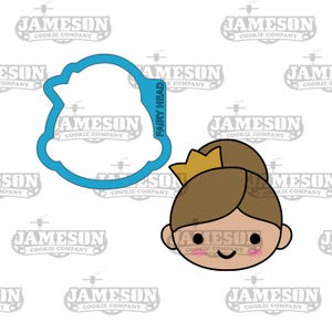 May include: A blue cookie cutter in the shape of a fairy head with the words "Fairy Head" written vertically on the side. A cartoon illustration of a fairy with brown hair, a gold crown, and a pink blush on her cheeks.
