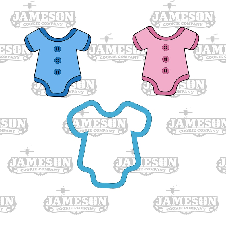 May include: A blue and pink baby onesie cookie cutter set. The cutters are in the shape of a onesie with a button detail. The set includes a blue onesie cutter and a pink onesie cutter.