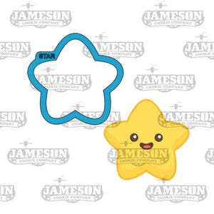 May include: A blue cookie cutter in the shape of a five-pointed star, with the word "STAR" written on it.  A yellow cartoon star with a smiling face is also shown.