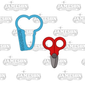 May include: A blue cookie cutter shaped like a pair of scissors with the word "SCISSORS" written on it. A red and silver pair of scissors cookie cutter is also shown.