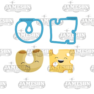 May include: A set of four cookie cutters in the shape of macaroni and cheese. The cutters are blue and yellow with smiling faces. The text "MACARONI" and "CHEESE" are printed on the cutters.