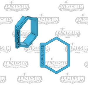 May include: Two blue plastic cookie cutters shaped like hexagons. Both cutters have the words "Long Hex" written vertically on the side.