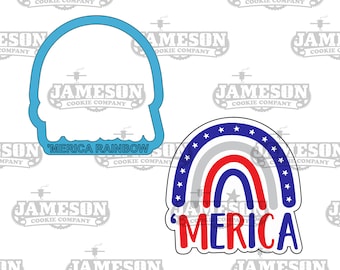 May include: A cookie cutter set featuring a rainbow with stars and the text 'MERICA' in red, white, and blue. The set also includes a separate cookie cutter shaped like a rainbow.