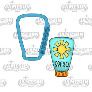 May include: A blue cookie cutter shaped like a bottle of sunscreen with the word "SUNSCREEN" written vertically on the side.  Next to the cutter is a blue and yellow cookie cutter shaped like a bottle of sunscreen with a yellow sun and the text "SPF 30" on the front.