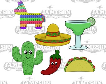 Cinco De Mayo Cookie Cutter Set - Pinata, Sombrero, Margarita, Cactus, Jalapeno Chili Pepper, and Taco