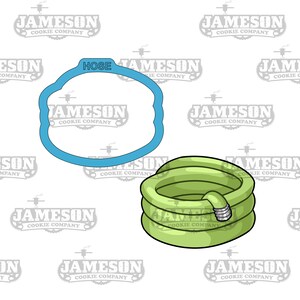 May include: A green inflatable pool with a hose attached. The pool is shaped like a ring and has three layers. The hose is blue and has a silver nozzle.