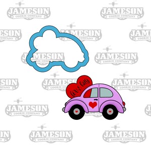 May include: A pink car cookie cutter with a red heart and the words "love bug" on it. The car has a window, two wheels, and a heart on the side. There is also a separate cookie cutter for the car shape.