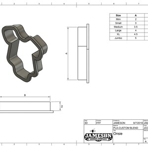 May include: A metal cookie cutter in the shape of a onesie. The cutter is 4 inches tall and 3.83 inches wide. The image includes a size chart with measurements for mini, small, medium, large, XL, and jumbo sizes.