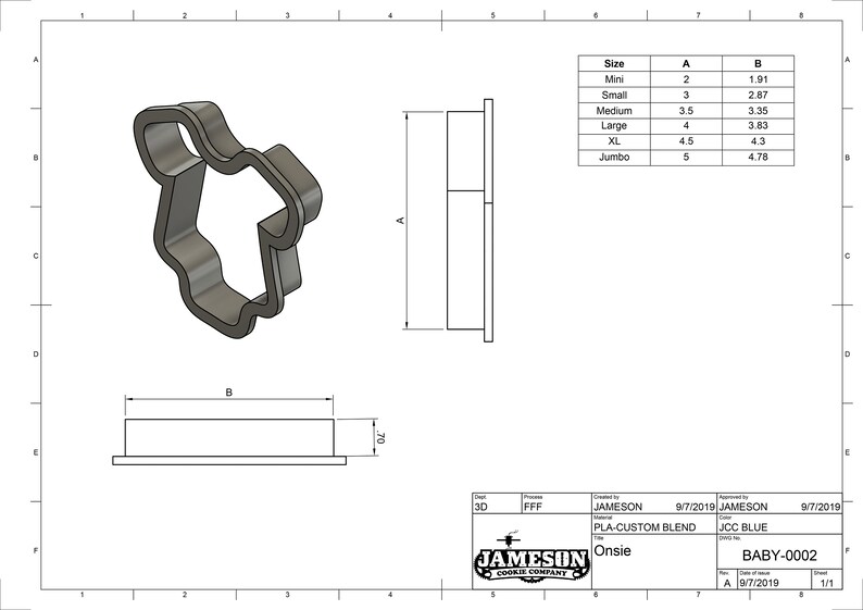May include: A metal cookie cutter in the shape of a onesie. The cutter is 4 inches tall and 3.83 inches wide. The image includes a size chart with measurements for mini, small, medium, large, XL, and jumbo sizes.