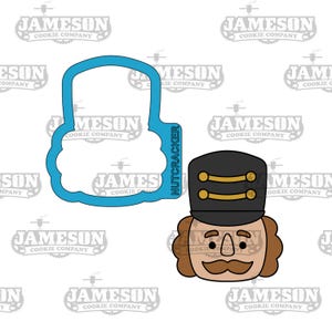 May include: A blue cookie cutter in the shape of a nutcracker's head. The cutter is next to a cartoon illustration of a nutcracker's head with a black hat, brown hair, a moustache, and a brown face.