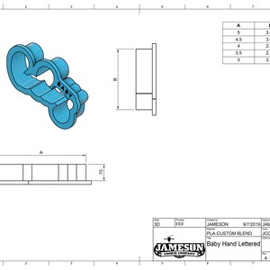 May include: A light blue plastic cookie cutter in the shape of a hand with the word "BABY" inscribed on the palm. The cutter is 7.0 inches wide and 3.37 inches tall.
