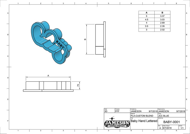 May include: A light blue plastic cookie cutter in the shape of a hand with the word "BABY" inscribed on the palm. The cutter is 7.0 inches wide and 3.37 inches tall.