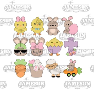 Mini Easter Cookie Cutter Set - 12 Piece Set - Chick, Bunny, Bunny In Pot, Bunny Sunglasses, Carrot, Carrot Car, Lamb, Cross Flowers