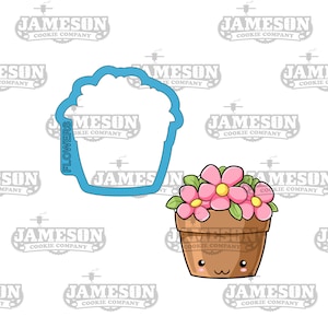 May include: A cookie cutter in the shape of a flower pot with flowers. The cutter is blue and the flower pot is brown with a cute face. There are pink flowers with green leaves.