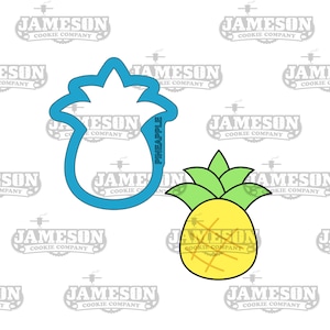 May include: Two pineapple-themed cookie cutters. One is a blue outline of a pineapple shape with the word "PINEAPPLE" printed on the side. The other is a yellow pineapple with green leaves.