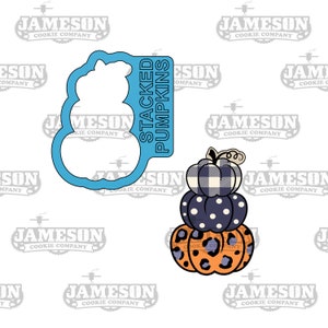 May include: A blue cookie cutter in the shape of stacked pumpkins with the text "STACKED PUMPKINS". Next to it is a stack of pumpkins with different patterns: plaid, polka dots, and leopard print. The pumpkins are orange, blue, and white.
