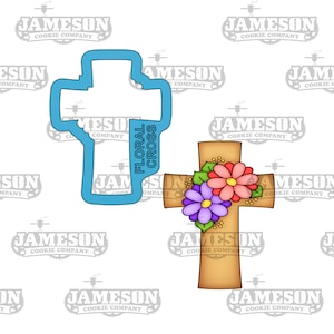 Puede incluir: Un cortador de galletas azul en forma de cruz con las palabras "Floral Cross" escritas verticalmente en el lado derecho. Una cruz marrón con tres flores rosas, moradas y blancas con hojas verdes se muestra a la derecha del cortador.