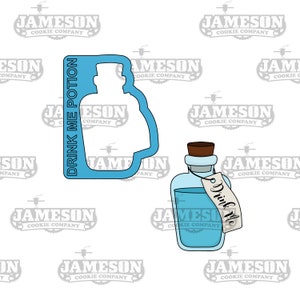 May include: Two cookie cutters: one shaped like a potion bottle with "DRINK ME POTION" text, and another bottle with a cork and a "Drink Me" tag. Both are light blue.