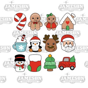 Puede incluir: Un conjunto de 12 cortadores de galletas de Navidad con varios temas navideños, que incluyen un hombre de jengibre, un bastón de caramelo, una casa, un pingüino, un reno, Papá Noel, un muñeco de nieve, una media, un árbol de Navidad y un camión. Los cortadores de galletas son todos blancos con acentos rojos, verdes y azules.