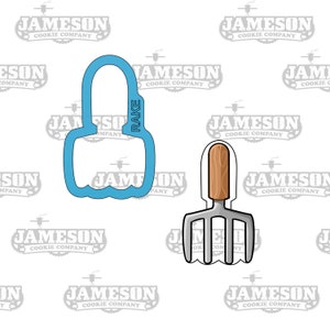 May include: Two cookie cutters, one shaped like a rake and the other shaped like a hand rake. The rake cookie cutter is silver with a brown wooden handle. The hand rake cookie cutter is light blue.