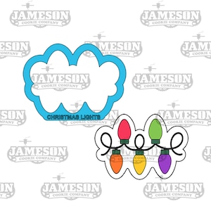 May include: Two cookie cutters: one cloud-shaped with "CHRISTMAS LIGHTS" text, and another of a string of Christmas lights with orange, yellow, and purple bulbs. The cutters are blue and black.