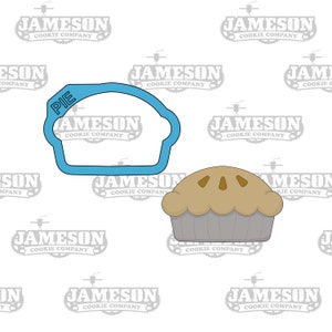 May include: A blue cookie cutter shaped like a pie with the word "PIE" written on it. Next to the cutter is a brown pie with a flaky crust and a light brown filling.