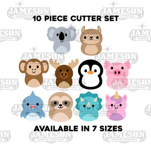 Puede incluir: Un conjunto de 10 cortadores de galletas con diseños de varios animales, incluyendo un mono, un koala, una llama, un reno, un pingüino, un cerdo, un tiburón, un perezoso, un dinosaurio y un unicornio. Los cortadores están disponibles en 7 tamaños. El texto "JAMESON COOKIE COMPANY" aparece en la parte superior e inferior de la imagen.