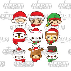 Christmas Head Cookie Cutter Set - Santa, Mrs Claus, Elf, Penguin, Cat, Owl, Polar Bear, Reindeer, Snowman