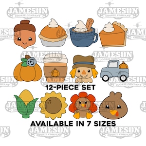 May include: A set of 12 cookie cutters featuring various Thanksgiving themes, including a pumpkin, acorn, turkey, sunflower, corn, scarecrow, and a truck. The cookie cutters are available in 7 sizes. The text "JAMESON COOKIE COMPANY" appears on the image.