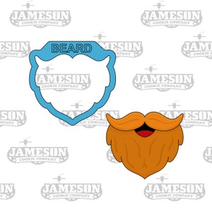 May include: A blue cookie cutter in the shape of a beard with the word "BEARD" written on it. A separate orange cookie cutter in the shape of a beard with a mustache.