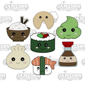 May include: A set of seven cookie cutters shaped like various Asian foods, including a bowl of rice, a fortune cookie, a sushi roll, a dumpling, a bottle of soy sauce, a piece of sushi with a shrimp topping, and a dollop of wasabi.