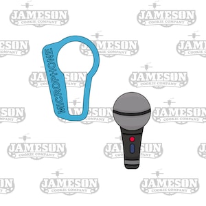 May include: A blue cookie cutter shaped like a microphone with the word "MICROPHONE" written vertically on the side. A gray and black microphone cookie cutter with a red dot and a blue line on the front.
