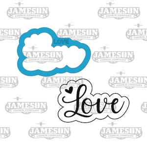 May include: Two cookie cutters, one shaped like a cloud with the word "LOVE" inside, and the other shaped like the word "Love" with a small heart above the "o".