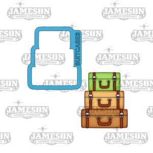 May include: A blue cookie cutter shaped like a stack of three suitcases. The suitcases are brown, tan, and green with brown straps and buckles. The cookie cutter is labeled "SUITCASES".