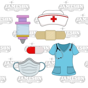 May include: A set of six cookie cutters in the shape of medical supplies. The cutters are blue, red, white, yellow, and pink. The cutters include a nurse's hat, a bandage, a pill, a syringe, a face mask, and a nurse's uniform.