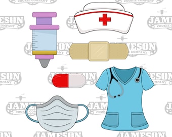 Nurse Appreciation Cookie Cutter Set - Doctor Medical Theme - Scrubs, Hat, Pill, Bandaid, Mask, Syringe